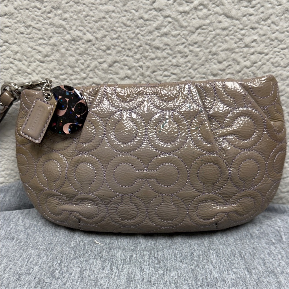 Coach Taupe Quilted Patent Wristlet Clutch